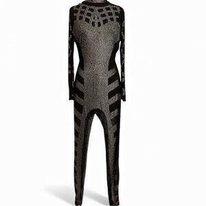 Black Rhinestone Sheer Mesh Catsuit Jumpsuit | Sparkly Long Sleeve Bodysuit
